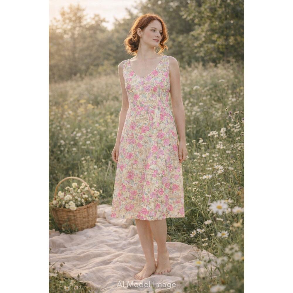 Garnet Hill Floral‎ CottageCore Midi Dress Pink Cream Cotton Petite 12P USA